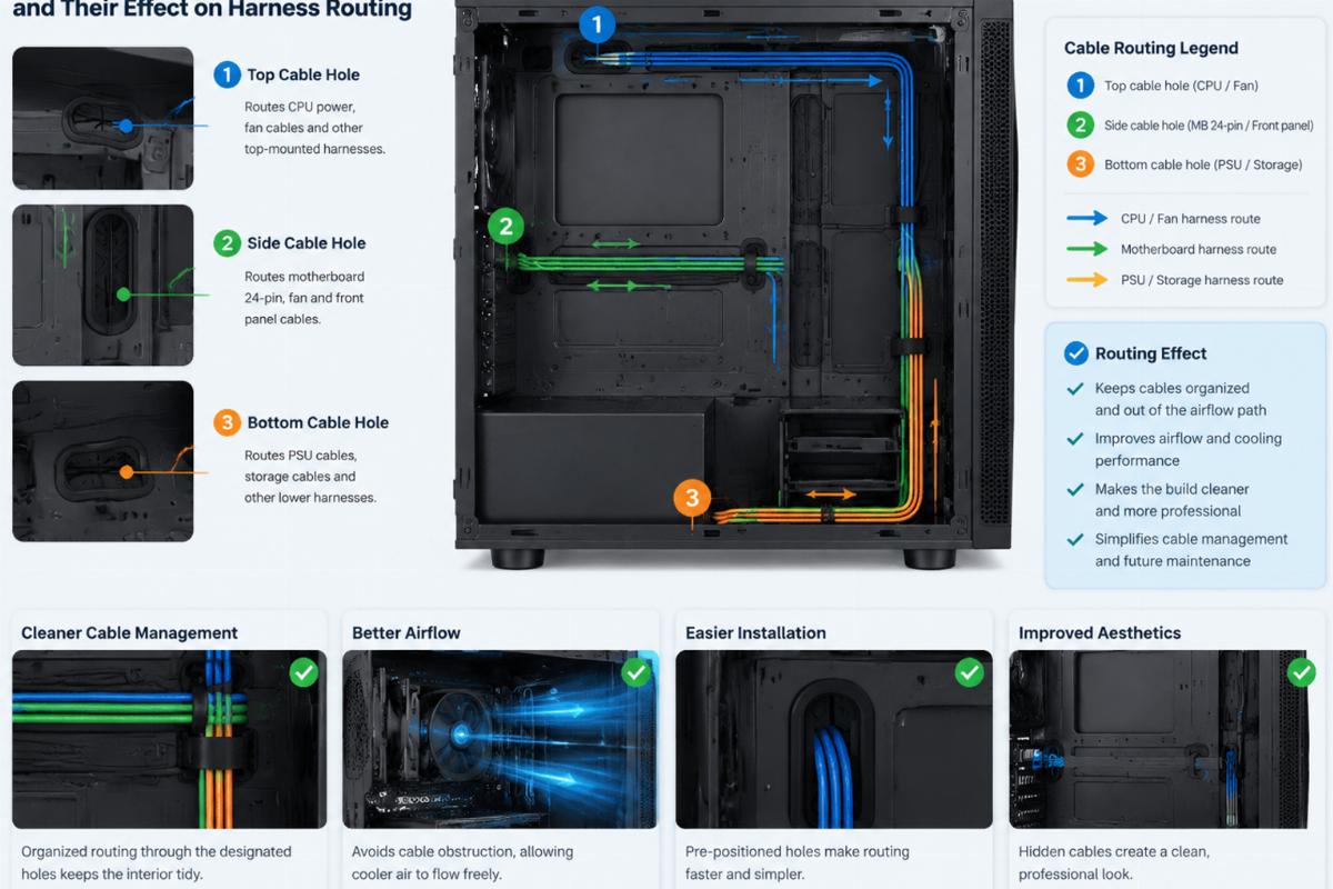 Illustration of internal wiring hole positions and their effect on harness routing