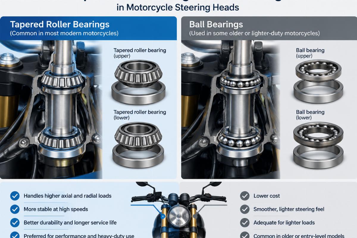 Illustration of tapered roller bearings versus ball bearings in motorcycle steering heads