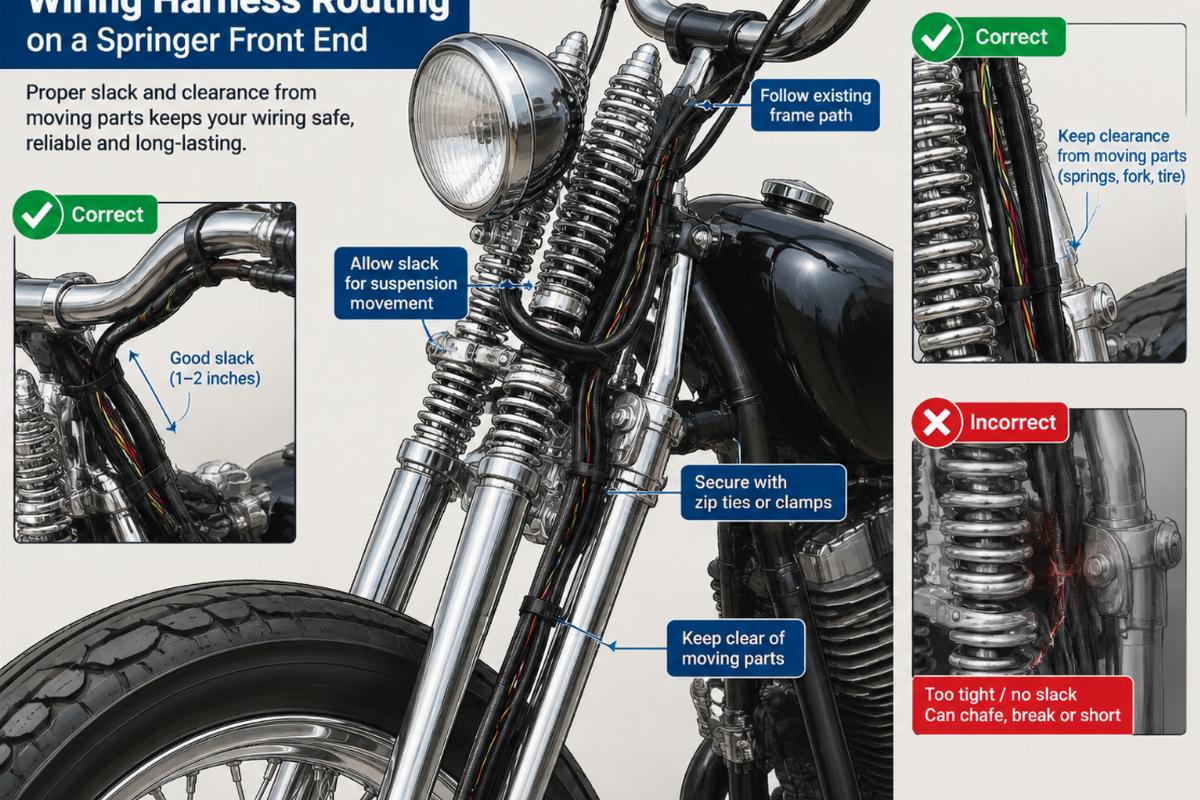 Illustration of wiring harness routing on a springer front end, showing proper slack and clearance from moving parts