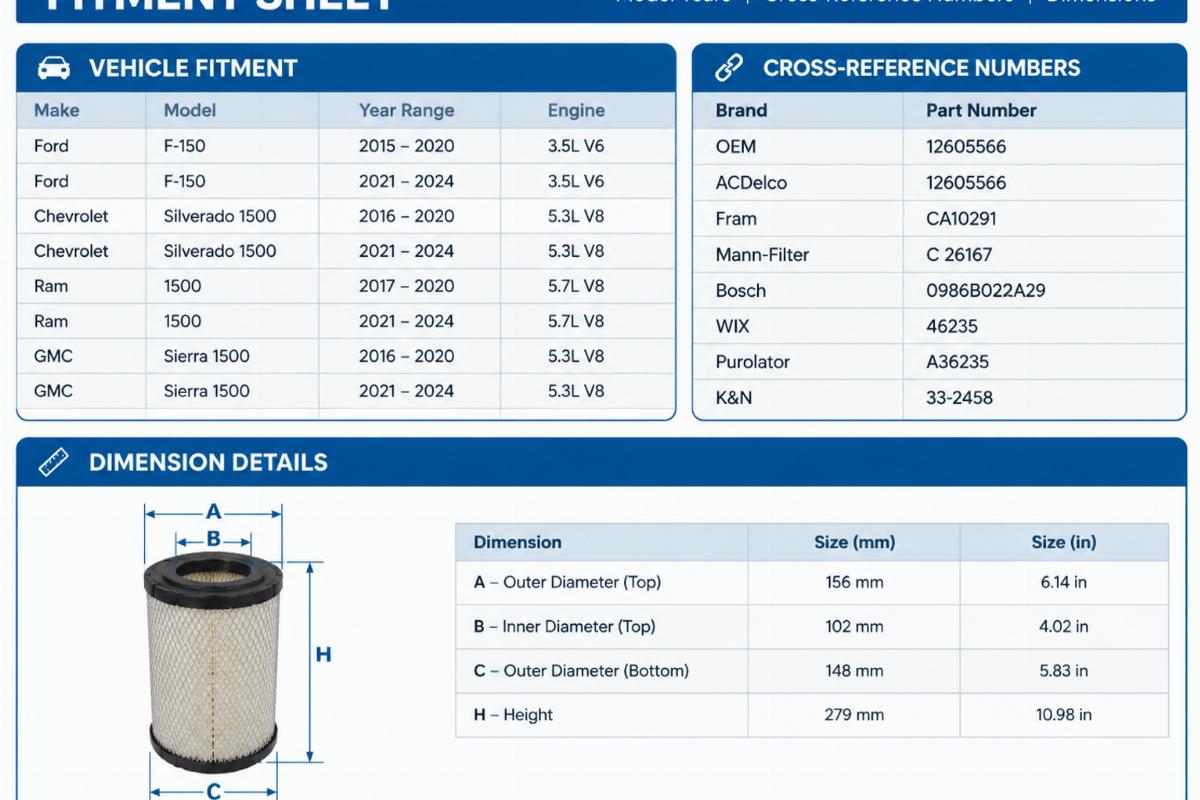 Image of a fitment sheet with model year ranges, cross-reference numbers, and dimension tables