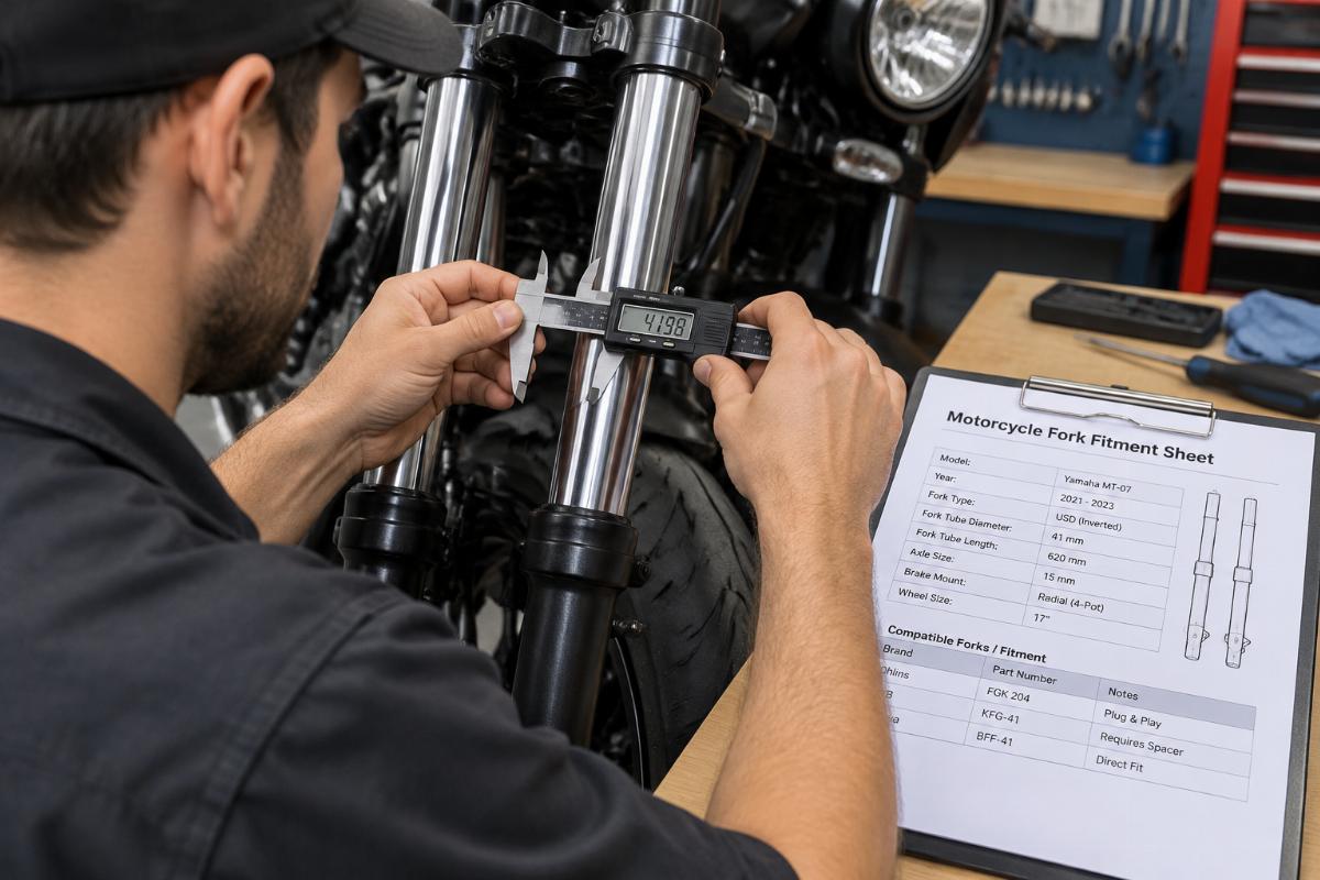 Image of a technician measuring motorcycle fork tubes with calipers and referencing a fitment sheet