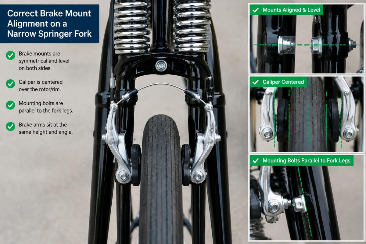 Image showing correct brake mount alignment on a narrow springer fork