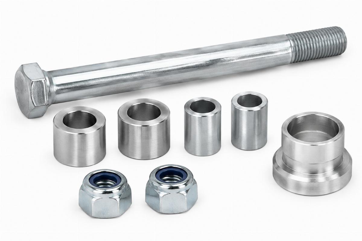 Included 3/4" axle, spacers, nuts, and recessed lower bearing spacer for the wishbone springer