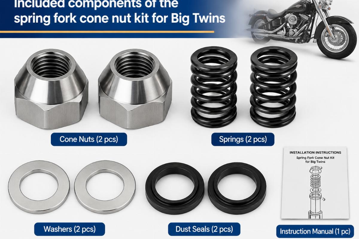 Included components of the spring fork cone nut kit for Big Twins