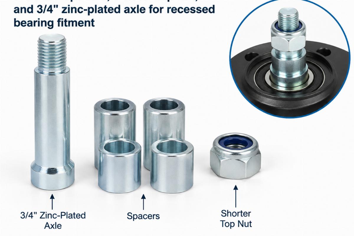 Included spacers, shorter top nut, and 3/4" zinc-plated axle for recessed bearing fitment