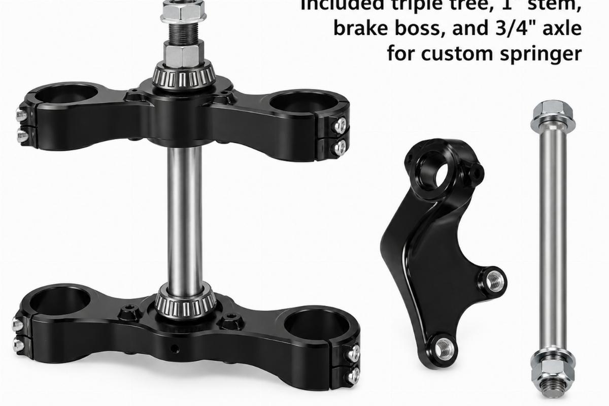 Included triple tree, 1" stem, brake boss, and 3/4" axle for custom springer