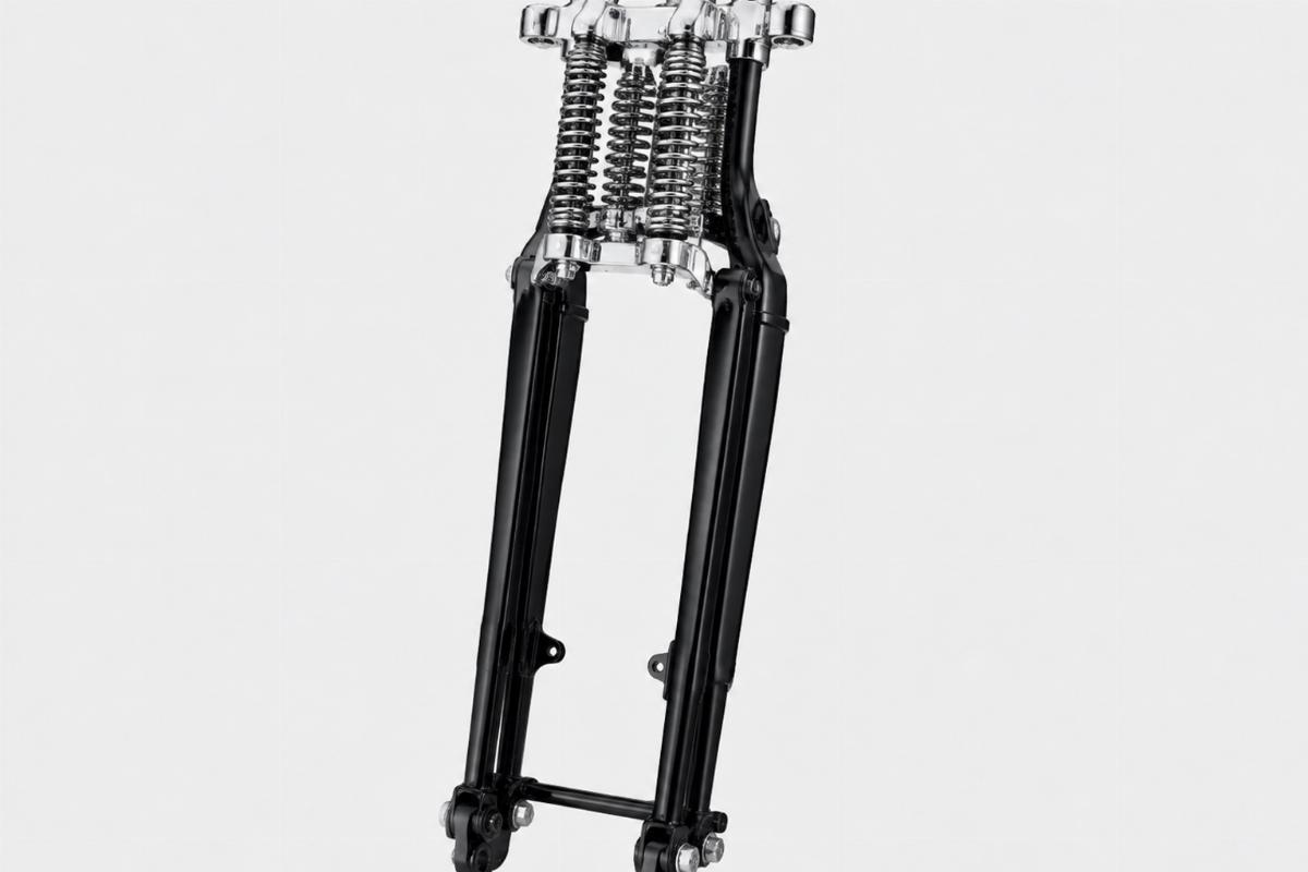 inline spring fork assembly for flsts showing black forks and chrome top tree