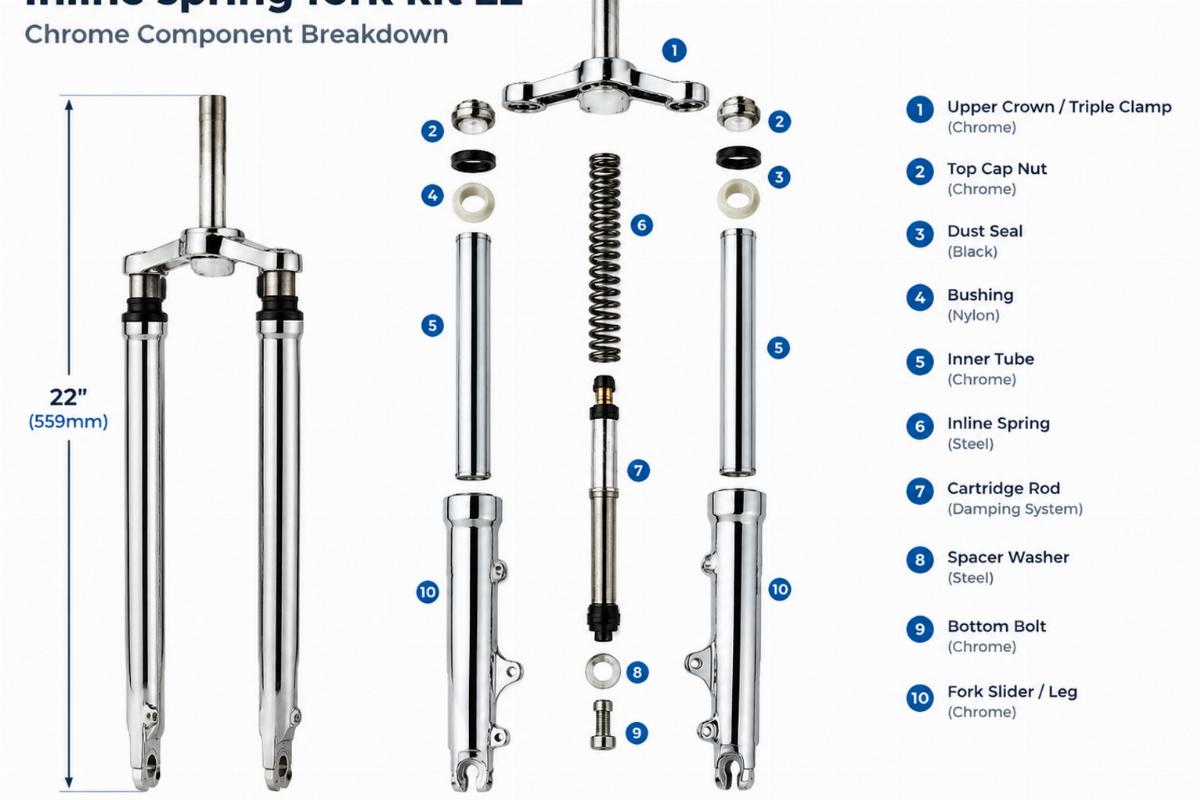 Inline spring fork kit 22" chrome component breakdown
