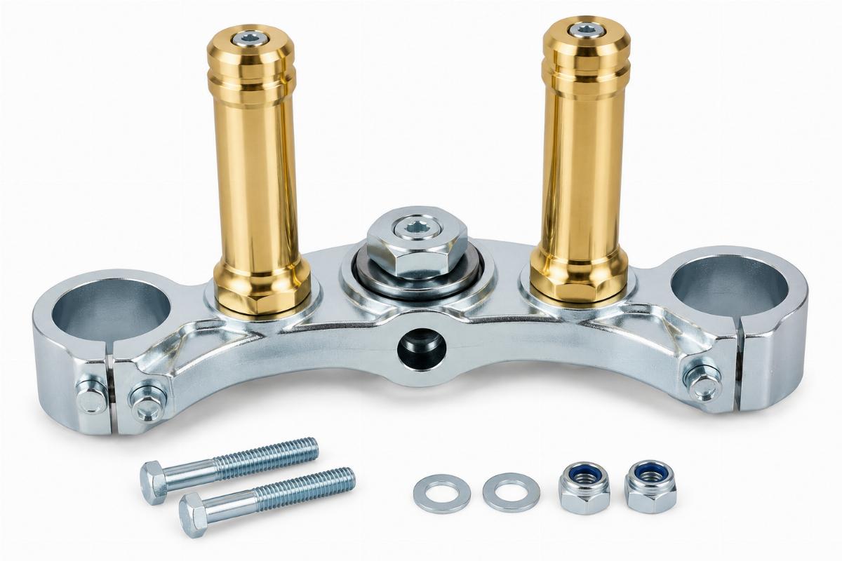 Inline spring fork top tree kit with 4 inch polished brass risers and zinc plated tree