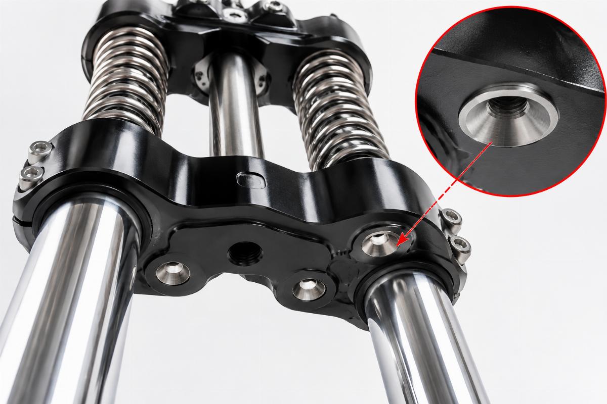 Inline spring fork triple tree underside countersunk hole detail