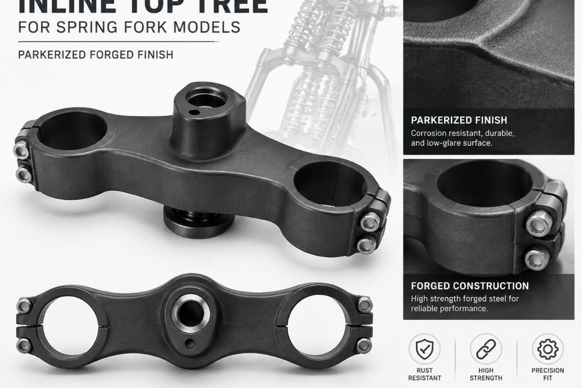 Inline top tree for spring fork models showing parkerized forged finish