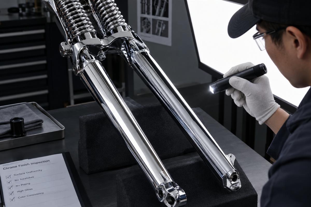 Inspection of chrome finish on springer fork legs under controlled lighting