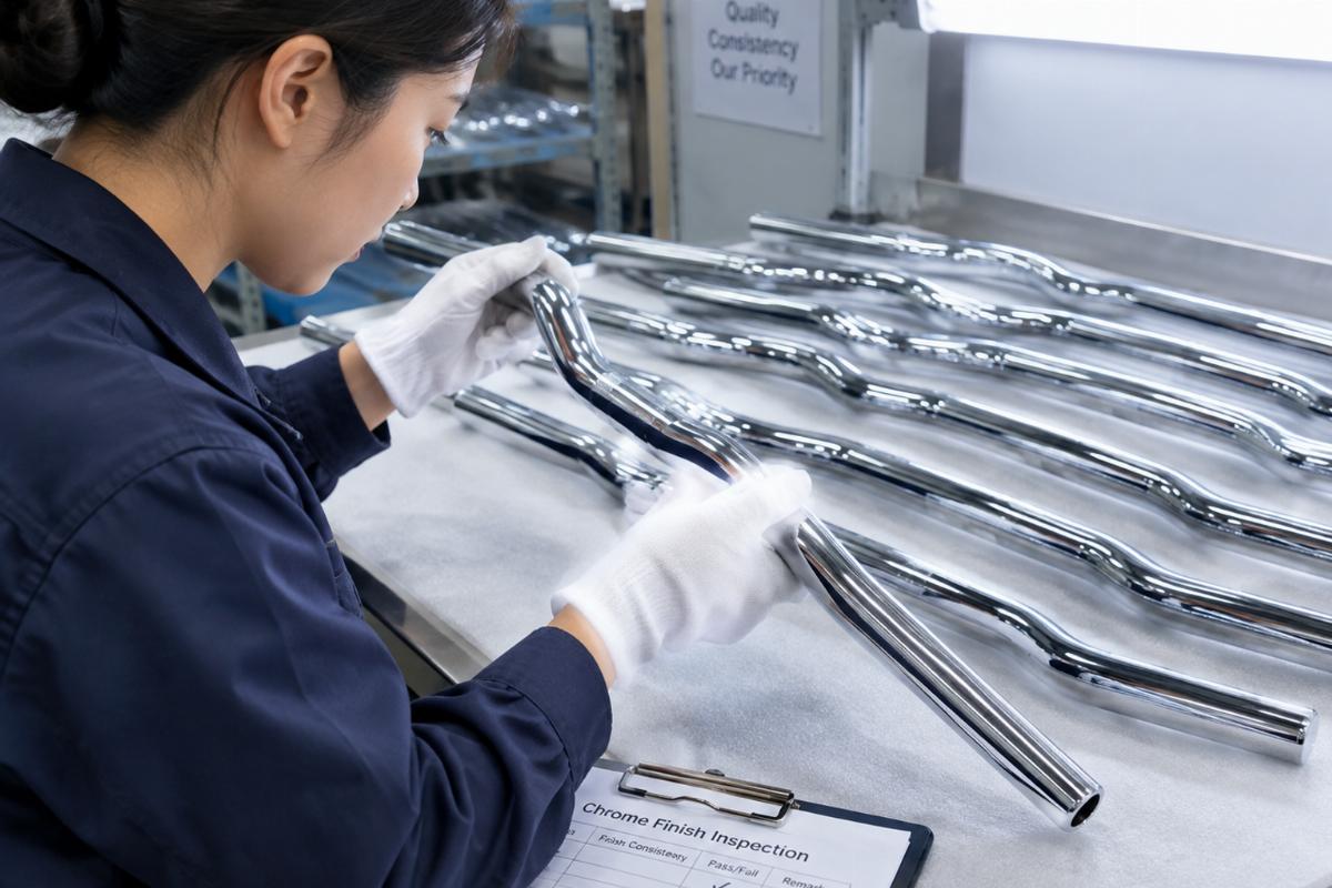 Inspector checking chrome finish consistency on a batch of handlebars under bright light
