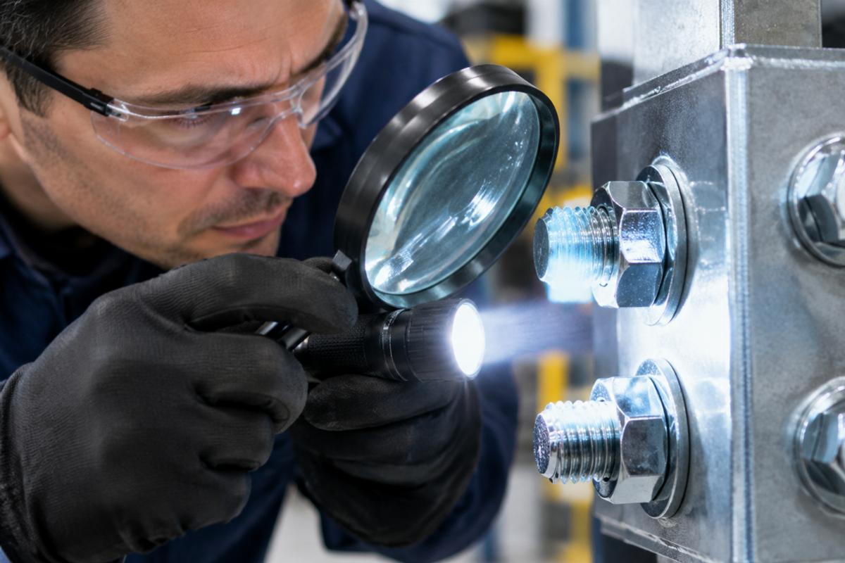 Inspector using a magnifying glass and high-intensity light to check thread engagement on chrome bolts