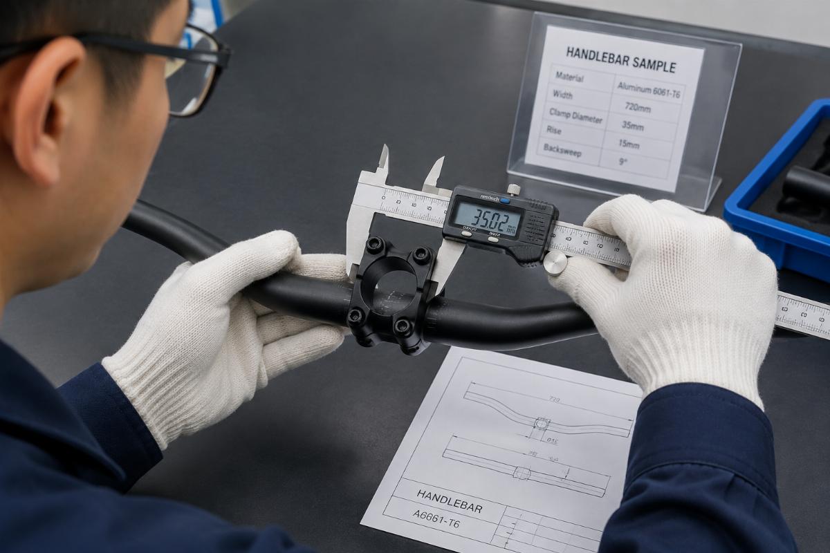 Inspector using calipers to measure the control clamp area of a handlebar sample