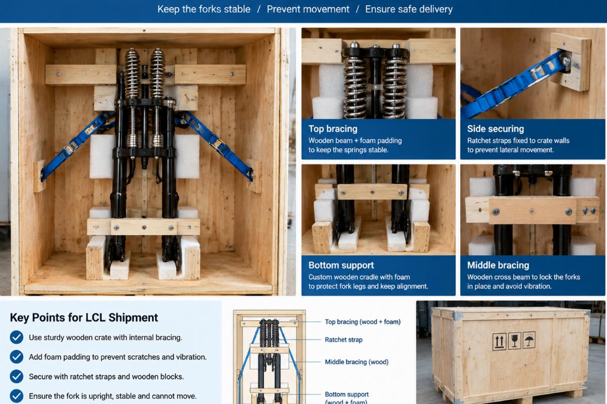 Internal bracing and securing methods for springer forks in LCL shipment