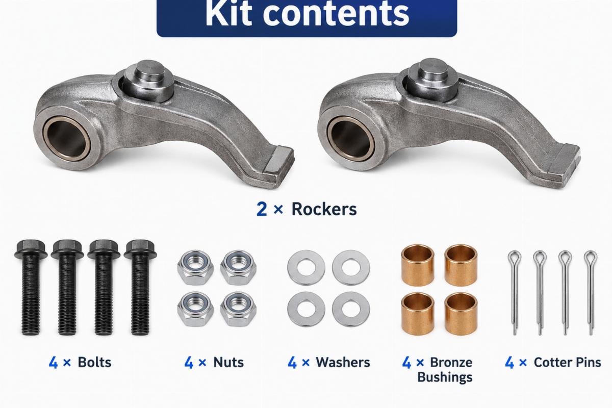 Kit contents including 2 rockers, 4 bolts, 4 nuts, 4 washers, 4 bronze bushings, and 4 cotter pins