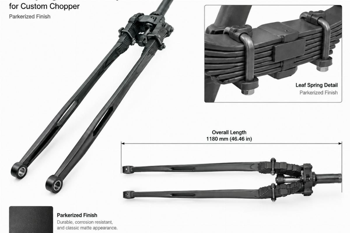 Leaf spring fork assembly for custom chopper showing parkerized finish and overall length