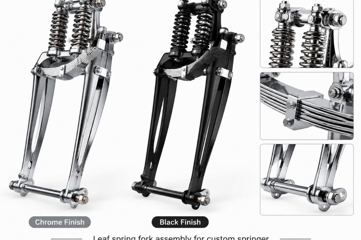 Leaf spring fork assembly for custom springer showing chrome and black finish