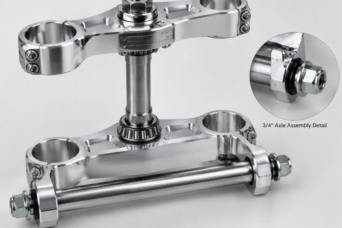 Machined chrome top triple tree and 3/4" axle assembly detail