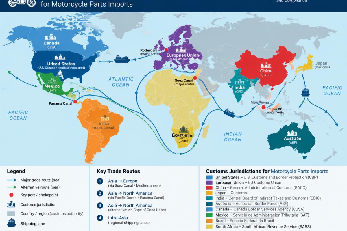 Map highlighting key trade routes and customs jurisdictions for motorcycle parts imports