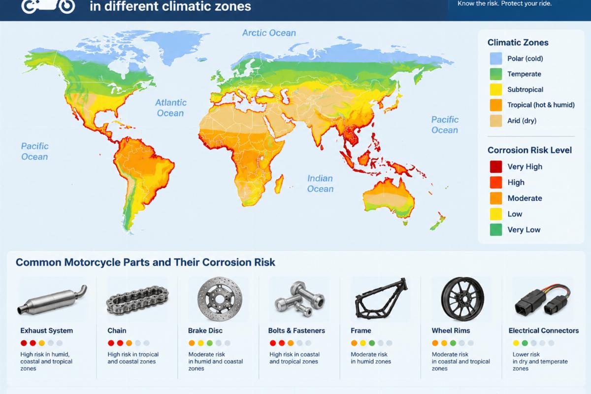 Map showing corrosion risk levels for motorcycle parts in different climatic zones