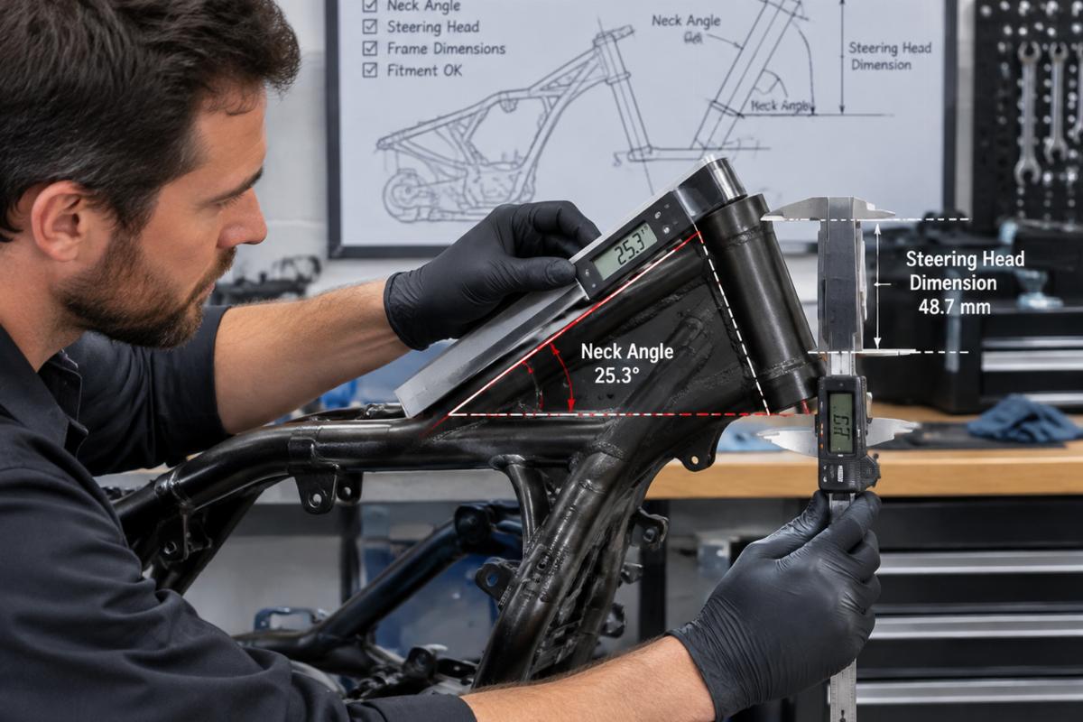 Mechanic measuring frame neck angle and steering head dimensions for fitment verification