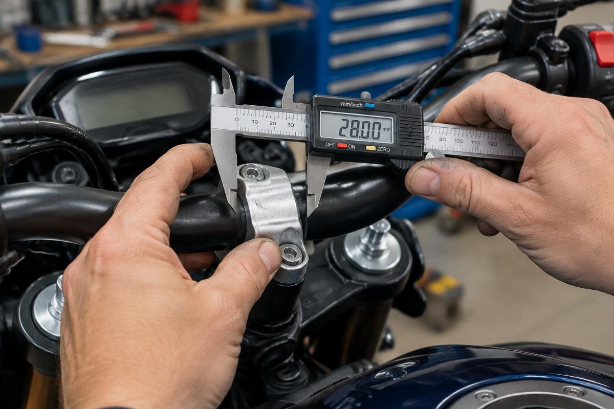 Mechanic measuring handlebar clamp diameter with digital calipers