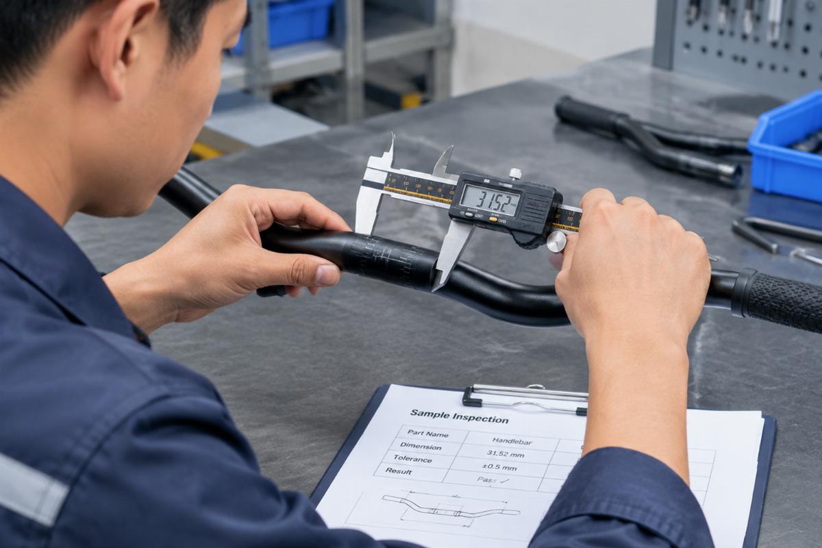 Mechanic measuring handlebar dimensions with calipers during sample inspection