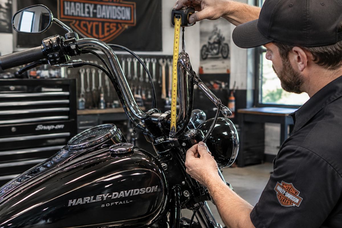 Mechanic measuring handlebar rise and checking cable slack on a Harley-Davidson Softail