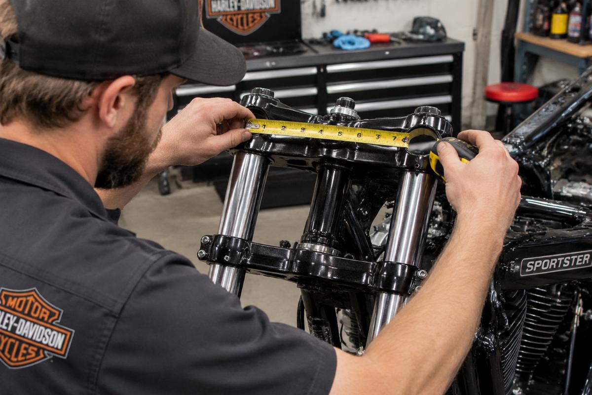 Mechanic measuring triple tree spacing on a Harley-Davidson Sportster frame