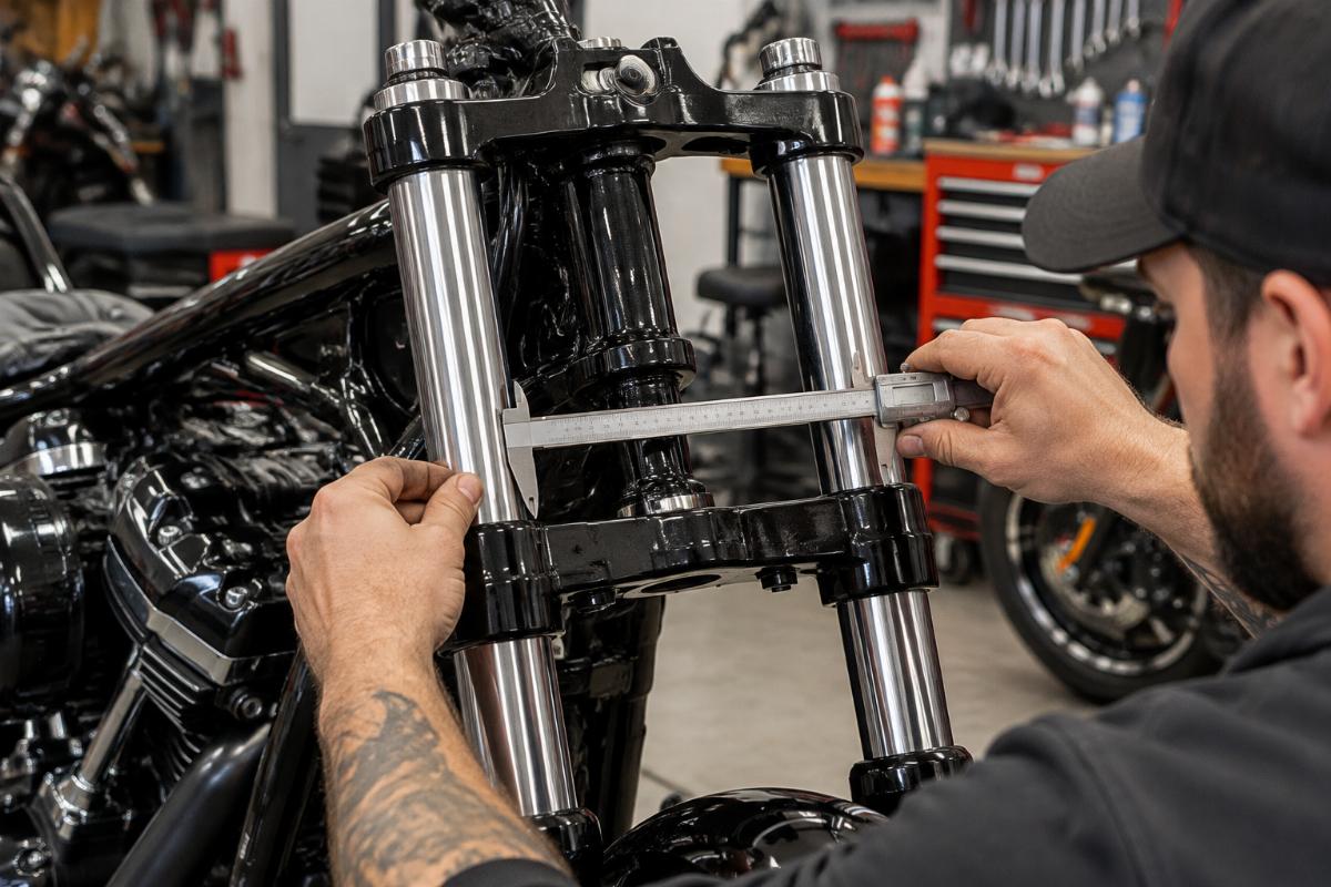Mechanic measuring triple tree spacing on a Softail frame with calipers