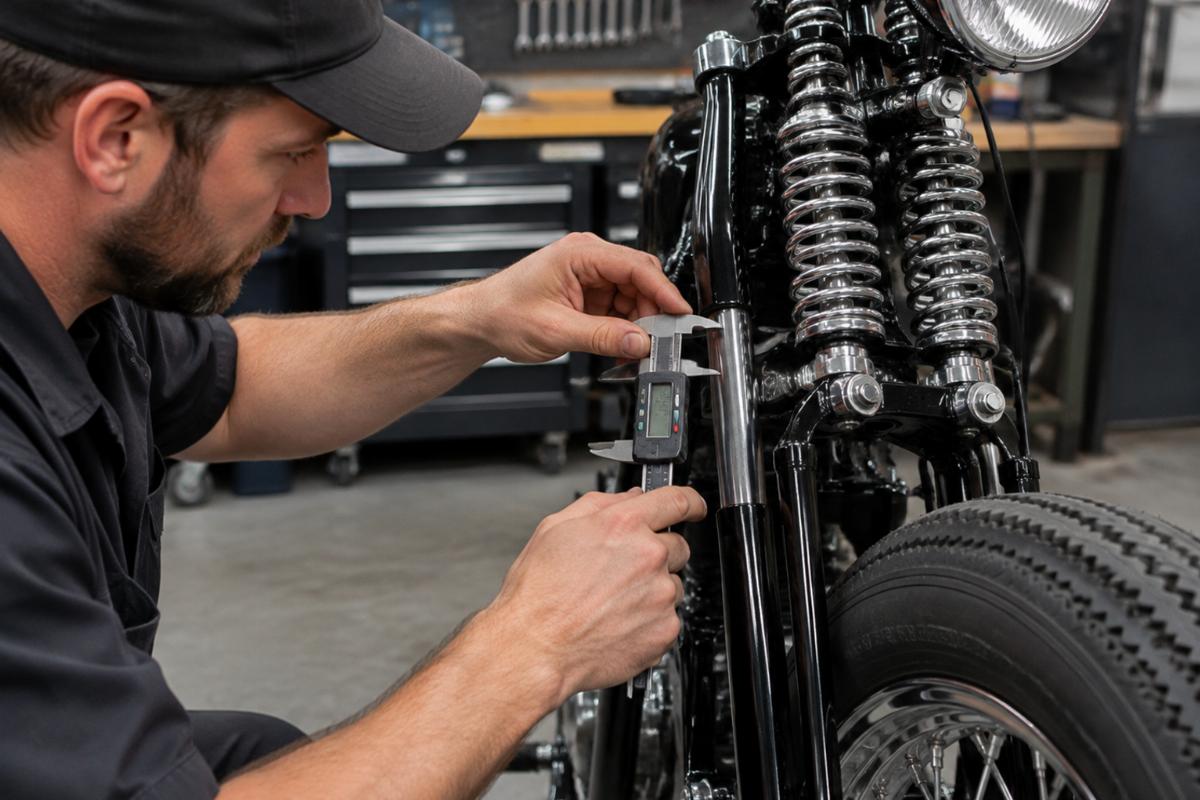 Mechanic performing a physical fitment check on a springer front end assembly using calipers