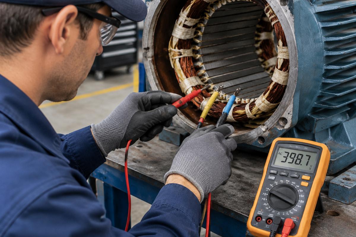 Mechanic using multimeter to measure AC voltage between stator phase wires