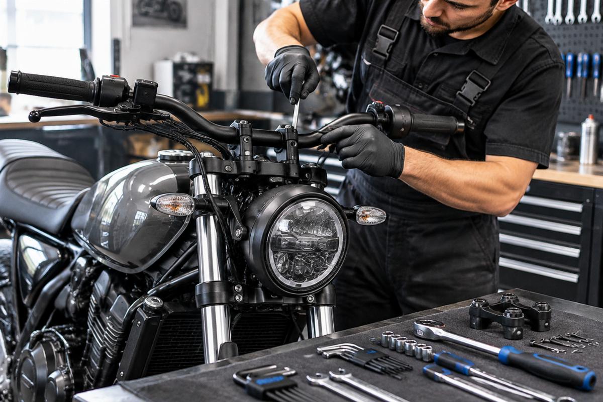 Mechanic working on a motorcycle handlebar installation with tools laid out