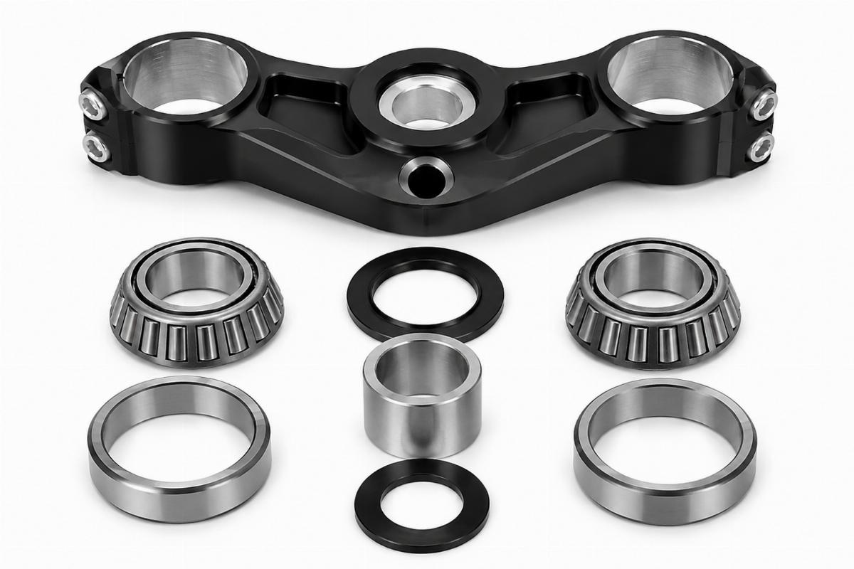 Metric-to-SAE conversion bearing races and upper triple clamp included in the kit