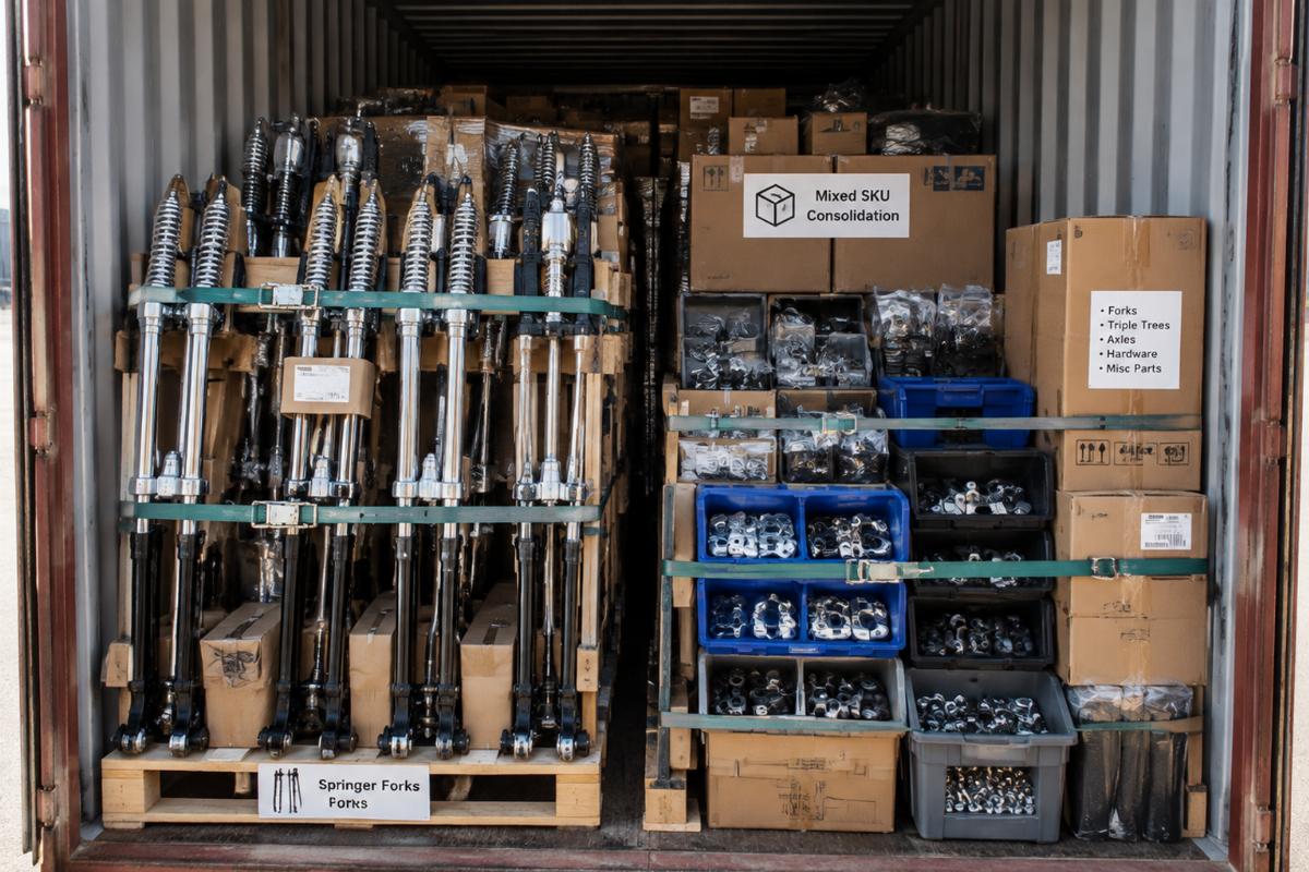 Mixed SKU consolidation in a shipping container showing springer forks and smaller parts