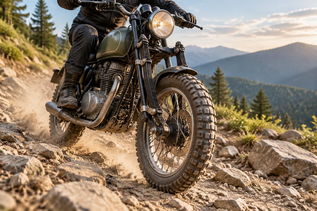 Motorcycle navigating rough unpaved road with leaf spring front end
