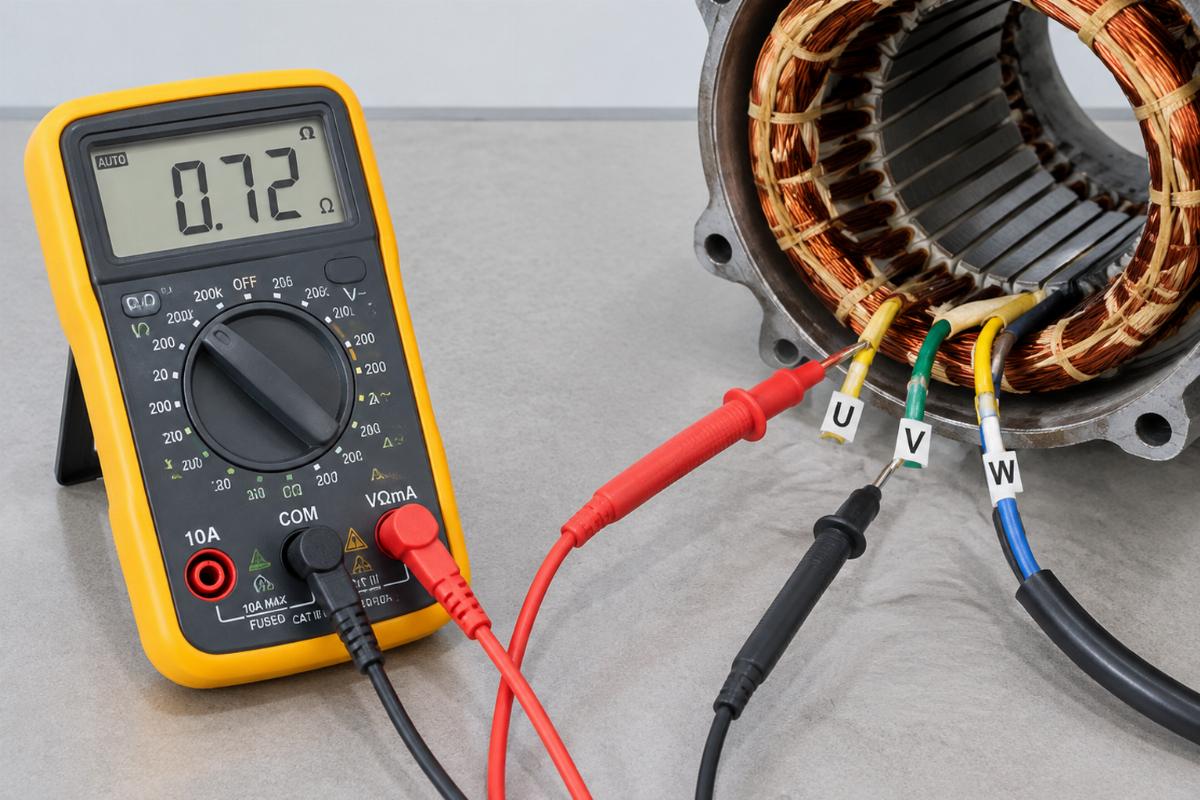 Multimeter connected to stator output wires for phase identification