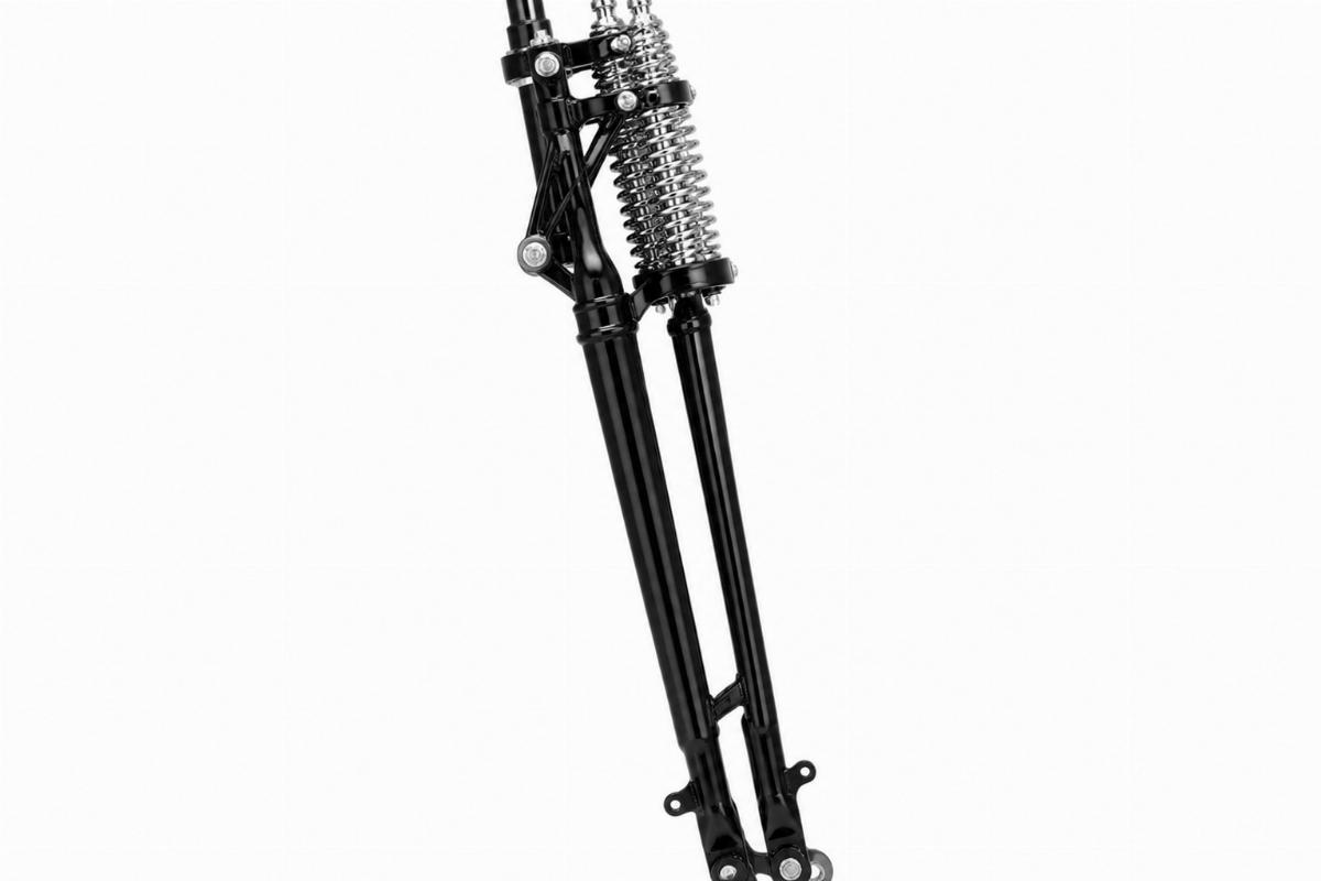 narrow custom springer fork assembly black finish with chrome springs side view