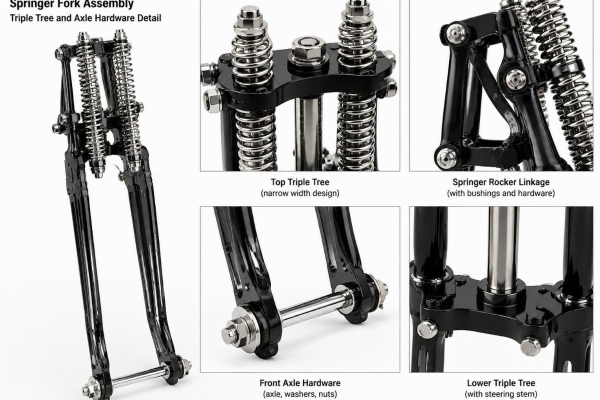 narrow custom springer fork assembly triple tree and axle hardware detail