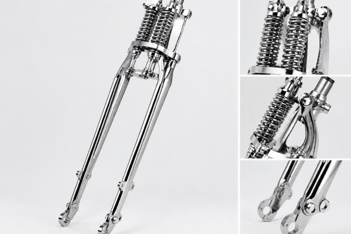 narrow springer fork assembly for custom motorcycle chrome finish view