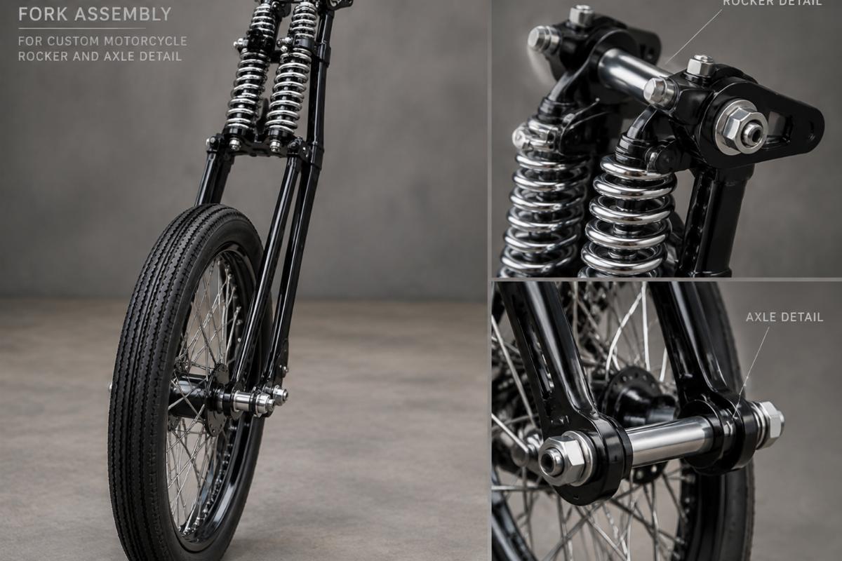 narrow springer fork assembly for custom motorcycle rocker and axle detail