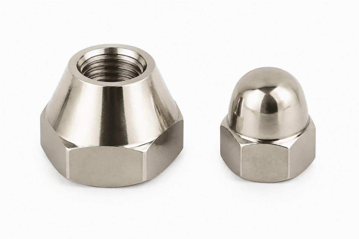 Nickel spring fork cone nut kit for Big Twins showing top cone nut and acorn nut