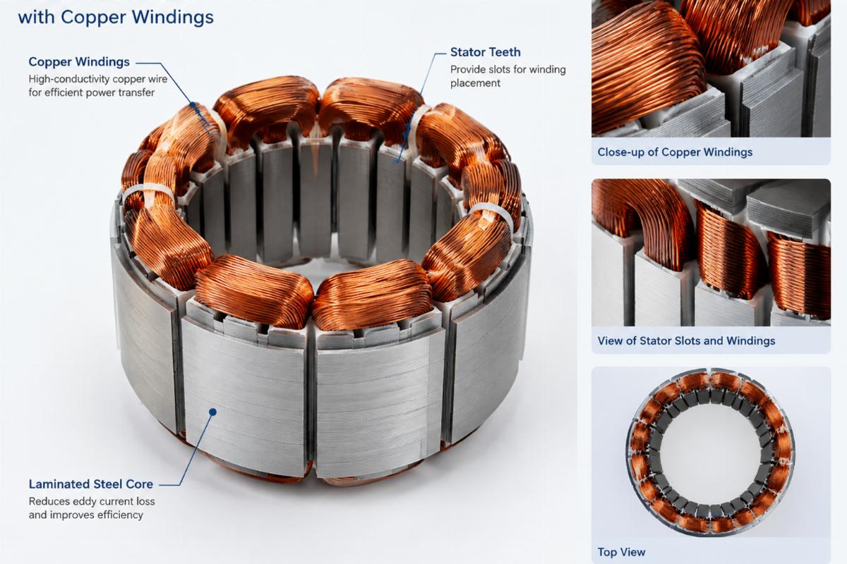 Overview of the unmolded stator construction showing the copper windings