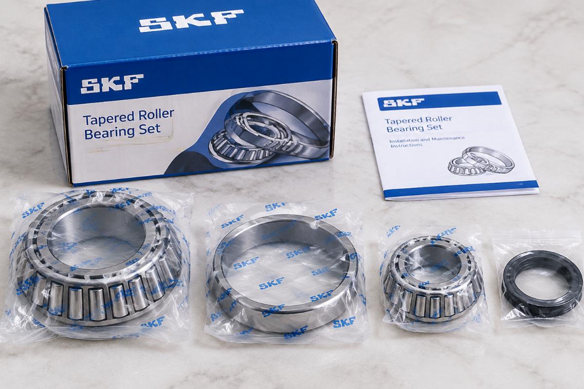 Packaging and included components for the tapered neck bearing set, showing individual protective wrapping