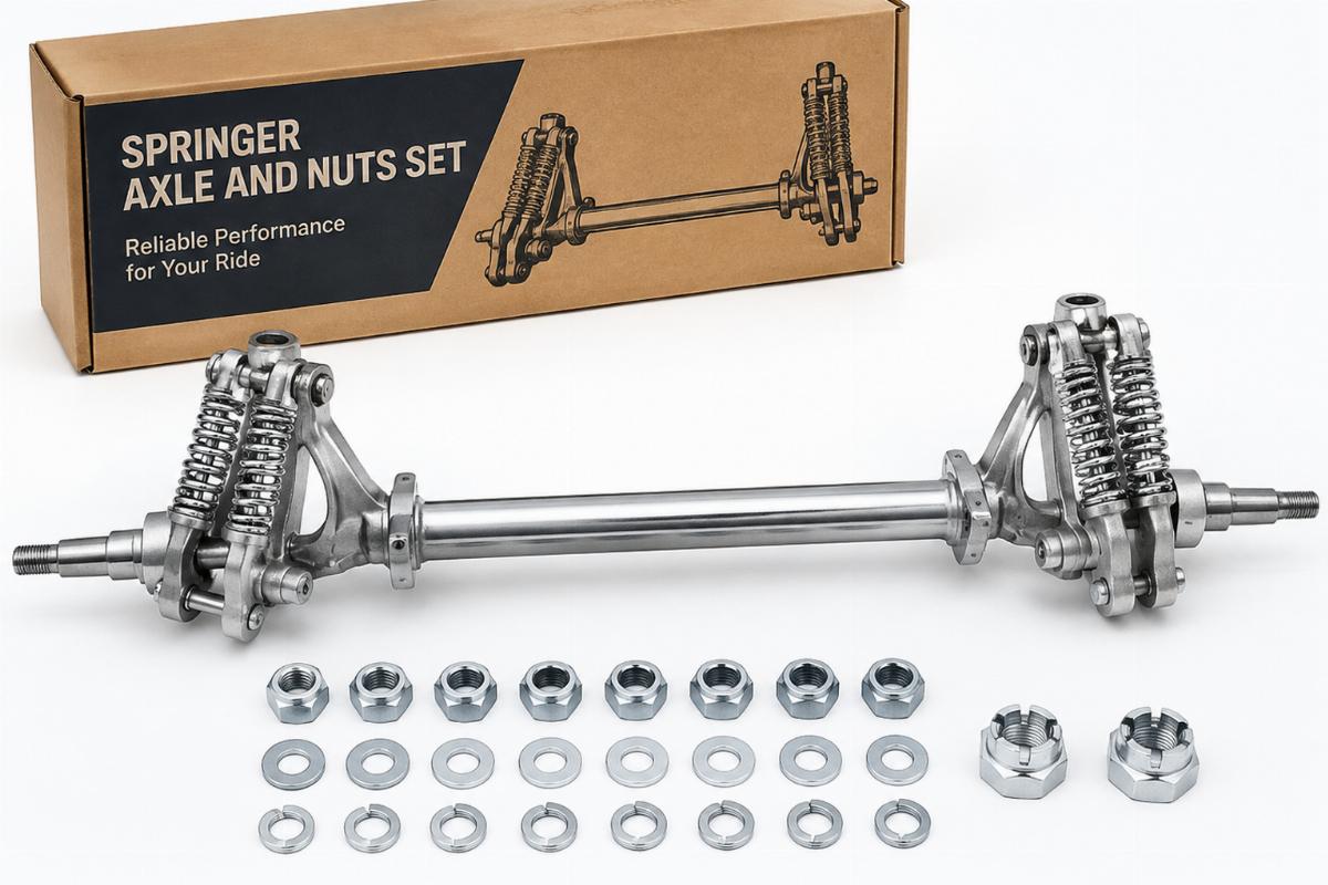 Packaging and included hardware components of the springer axle and nuts set