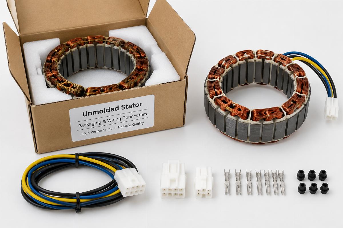 Packaging and included wiring connectors for the unmolded stator