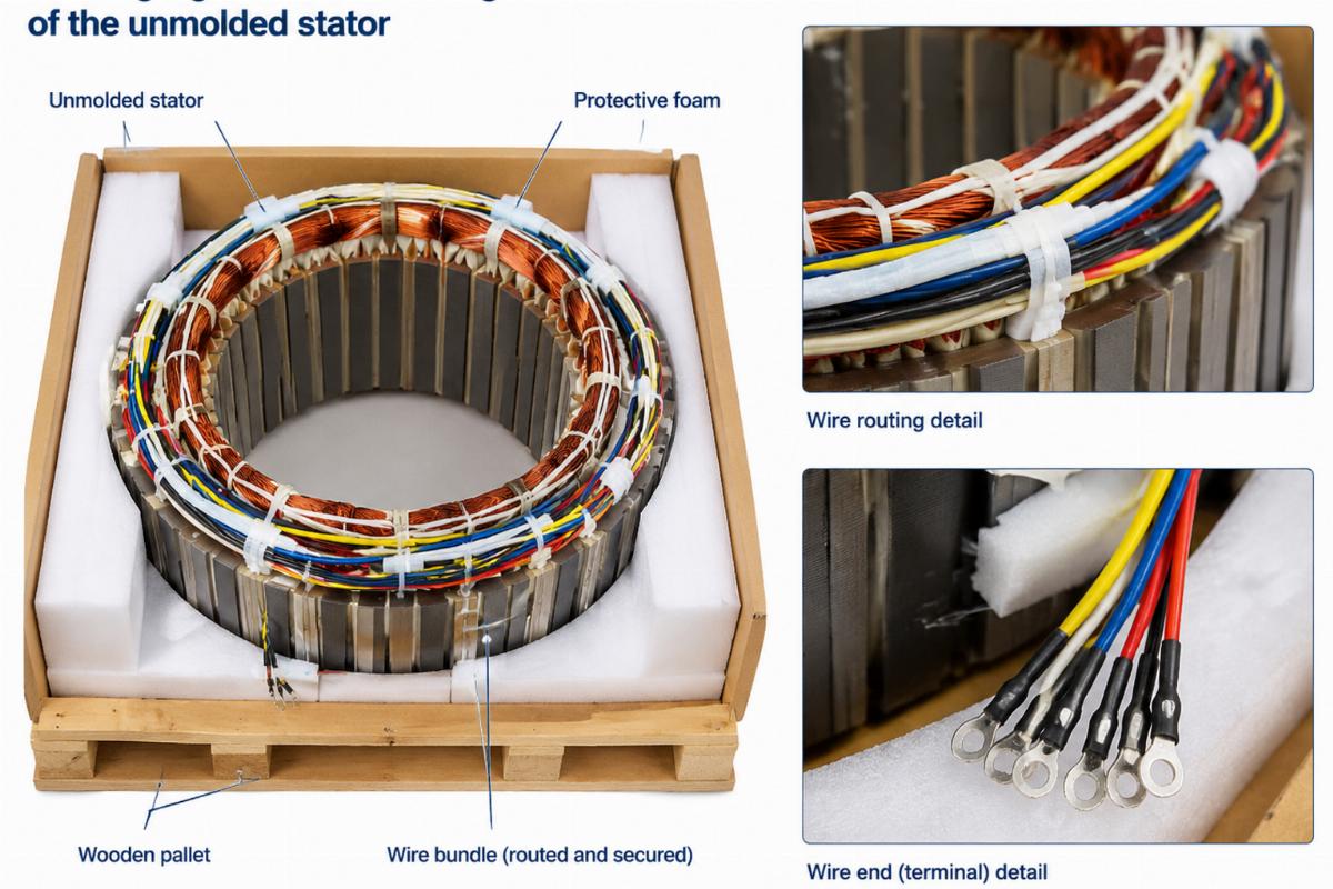 Packaging and wire routing detail of the unmolded stator