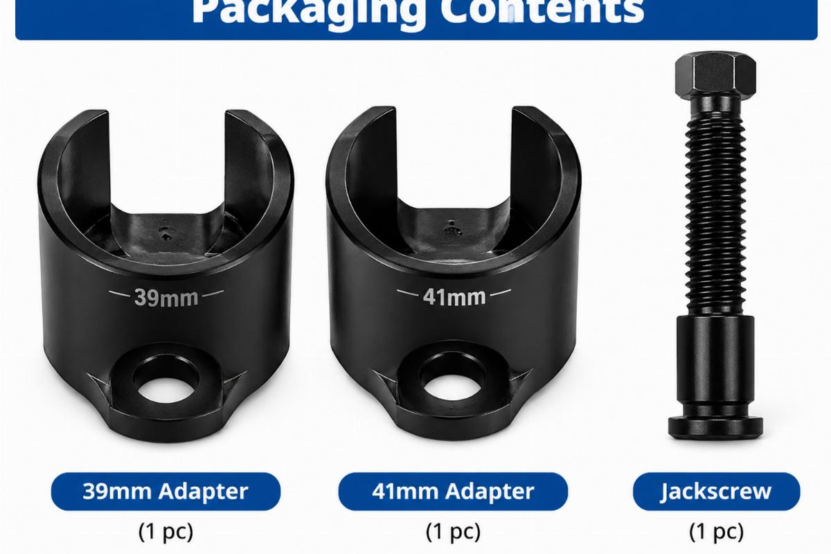Packaging contents showing 2 adapters and one jackscrew for fork spring compressor tool 39mm 41mm